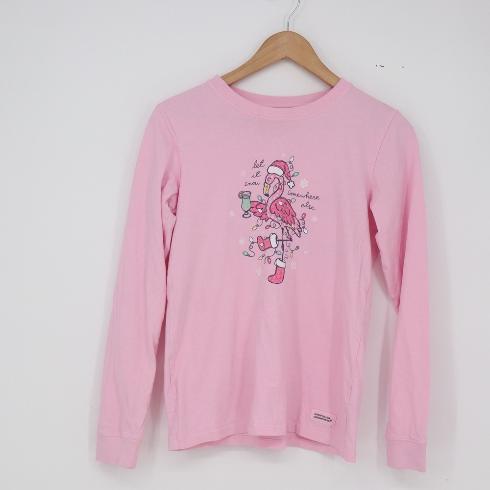 Life is Good T-Shirt Womens XS Crusher Pink Flamingo Christmas Graphic Excellent